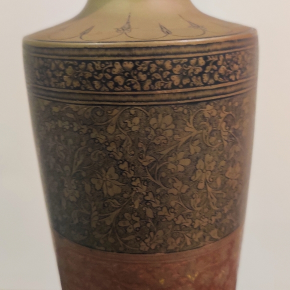 Antique Detail Hand Engraved/Painted India Brass/Copper Vase, 12" T X 2 3/4" - Picture 4 of 8